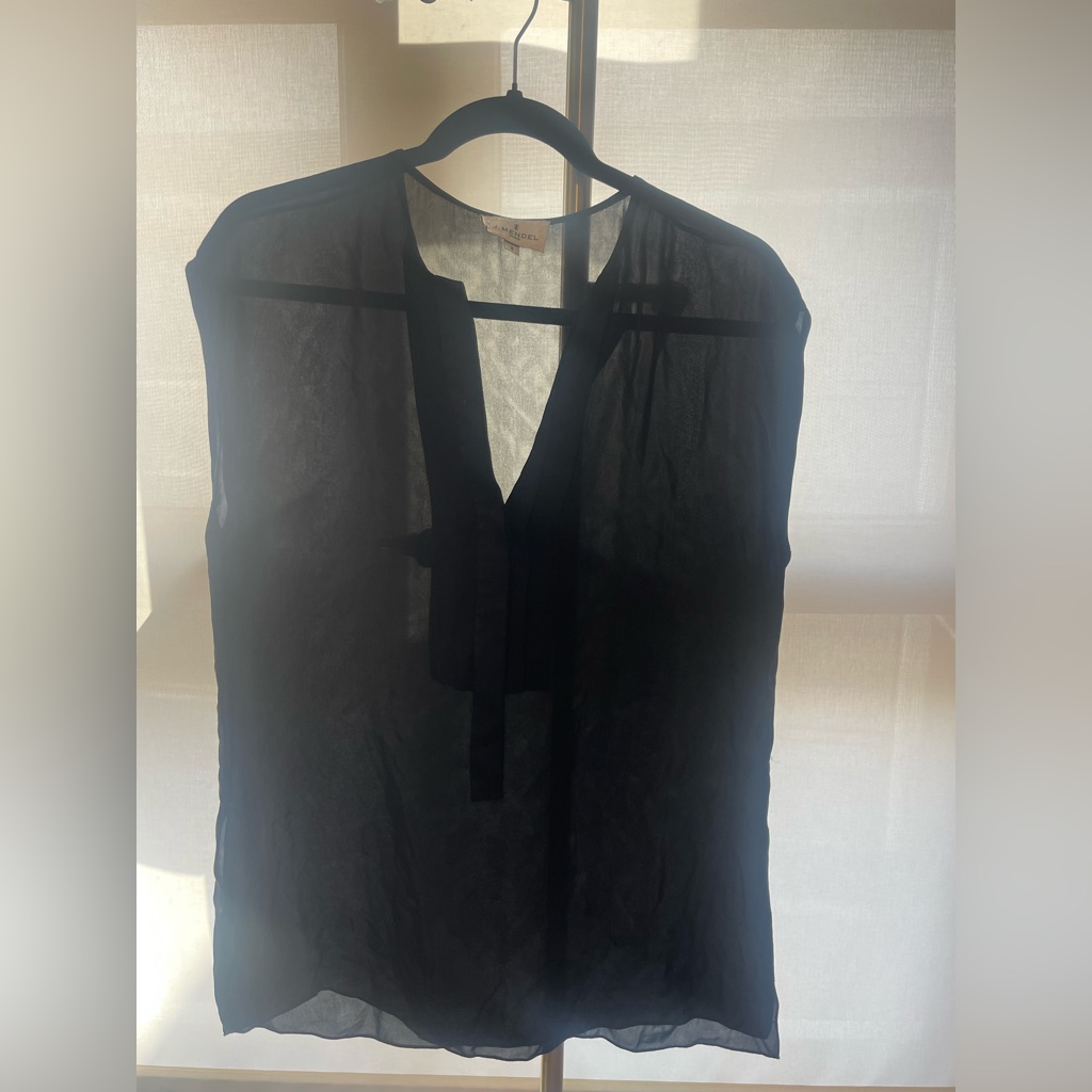 J. Mendel 100% Silk Black Sleeveless Half Placket Split Neck Top Tank Blouse